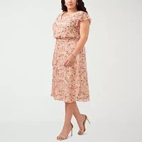 MSK Womens Short Sleeve Floral Midi Fit + Flare Dress Plus