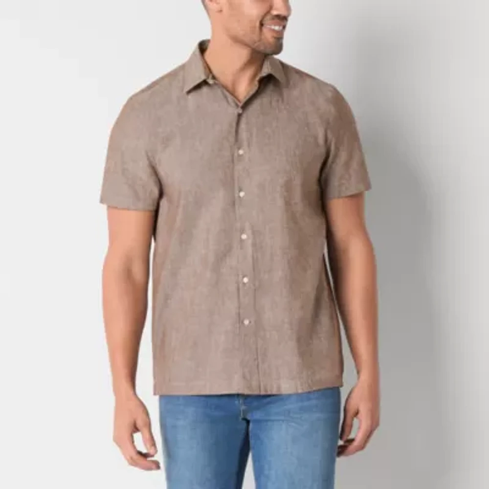 Stafford Mens Regular Fit Short Sleeve Striped Button-Down Shirt