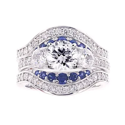 Diamonart® Cubic Zirconia and Lab-Created Blue Sapphire Sterling Silver Engagement Ring Enhancer