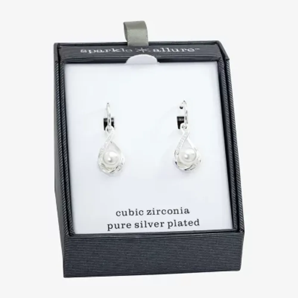 Sparkle Allure Simulated Pearl Pure Silver Over Brass Infinity Drop Earrings