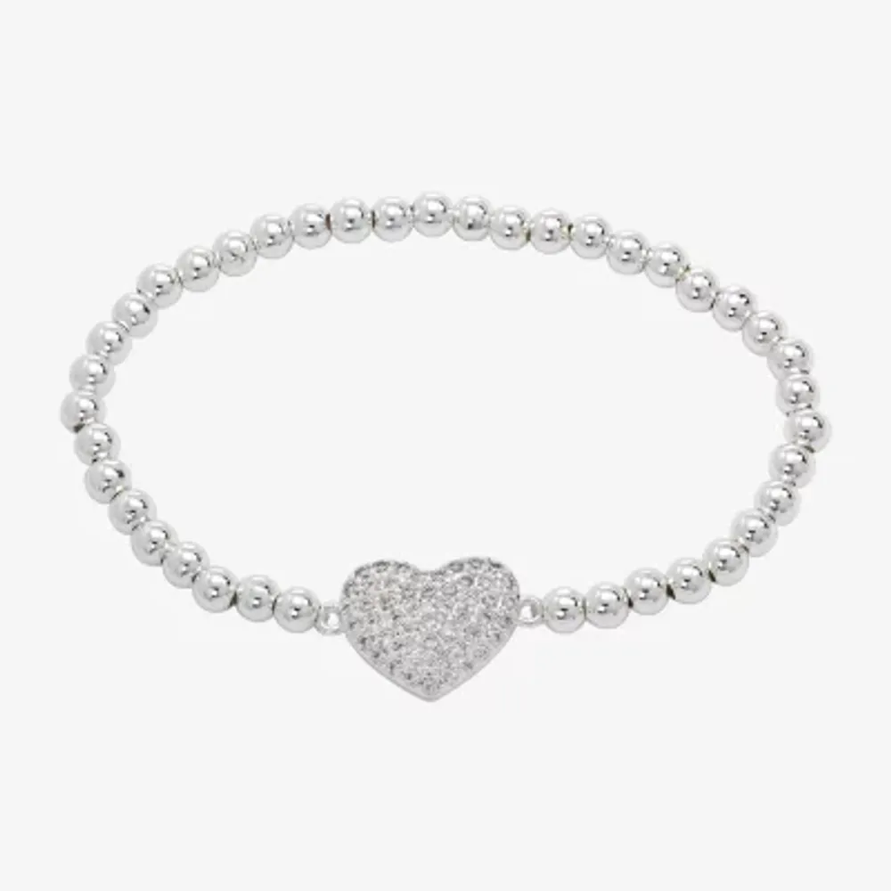 Sparkle Allure Cubic Zirconia Pure Silver Over Brass Bead Heart Beaded Bracelet