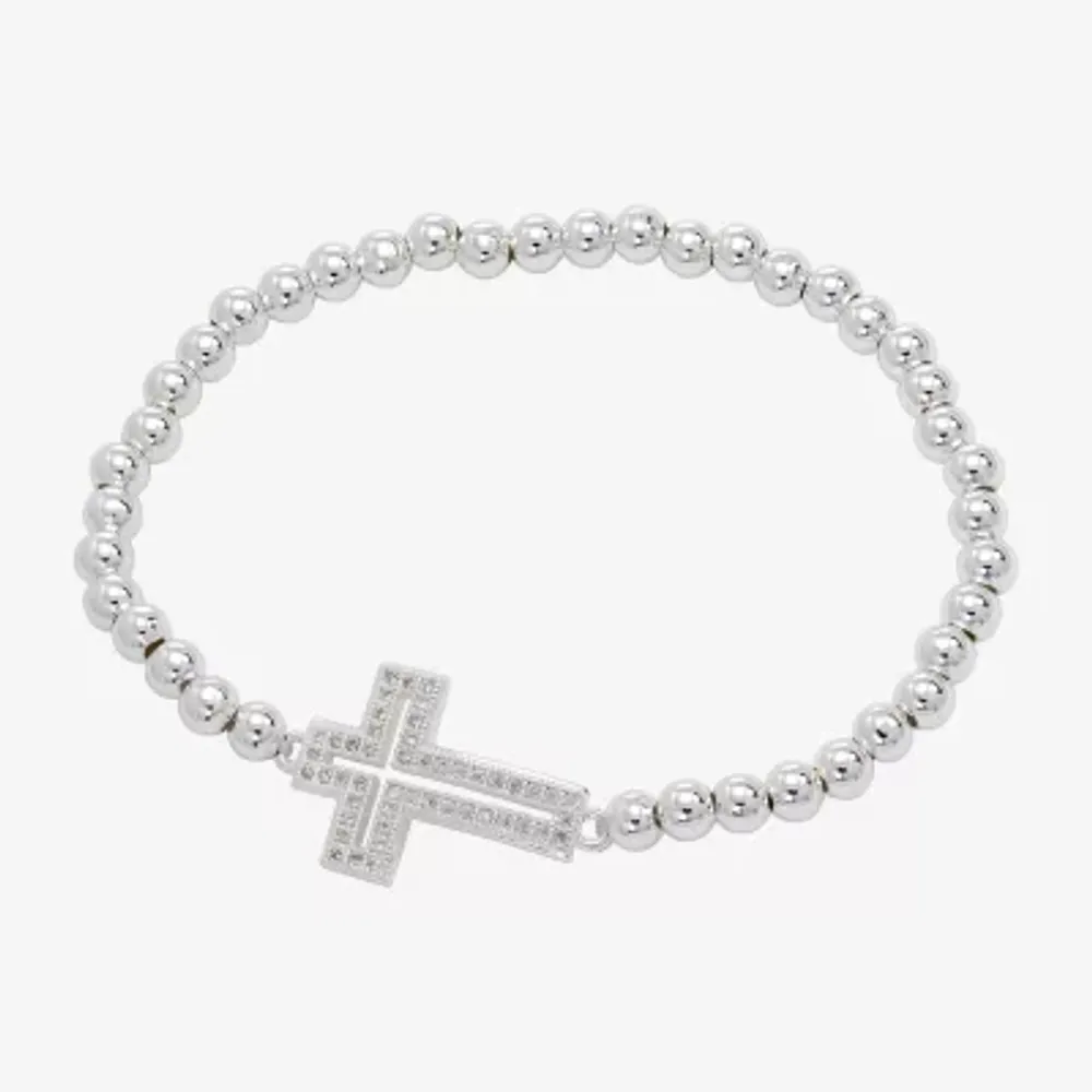 Sparkle Allure Cubic Zirconia Pure Silver Over Brass Bead Cross Beaded Bracelet