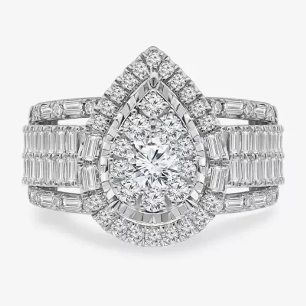 (I / I1) Womens 2 CT. T.W. Lab Grown White Diamond 10K Gold Pear Side Stone Halo Engagement Ring