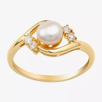 Silver Treasures Cubic Zirconia Cultured Freshwater Pearl 14K Gold Over Promise Ring