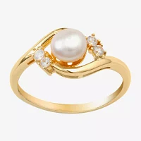 Silver Treasures Cubic Zirconia Cultured Freshwater Pearl 14K Gold Over Promise Ring