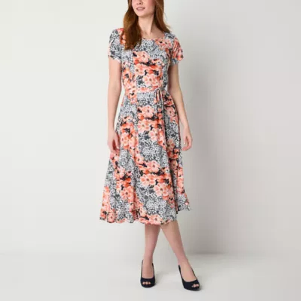 Perceptions Short Sleeve Floral Midi Fit + Flare Dress