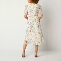 Jessica Howard Womens Short Sleeve Floral Midi Fit + Flare Dress Petite