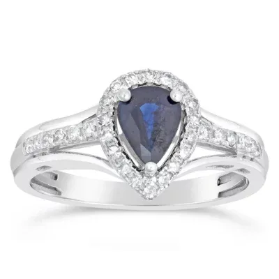 Womens 1/5 CT. Genuine Blue Sapphire 10K White Gold Pear Cocktail Ring