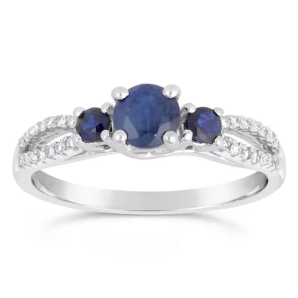 Womens 1/8 CT. T.W. Genuine Blue Sapphire 10K White Gold Round 3-Stone Cocktail Ring