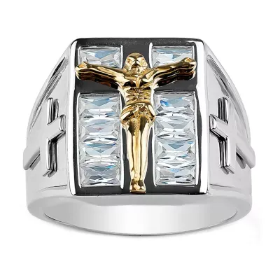 Mens White Cubic Zirconia Sterling Silver Cross Fashion Ring