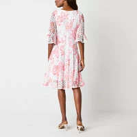 Rabbit Design Womens Elbow Sleeve Floral Fit + Flare Dress