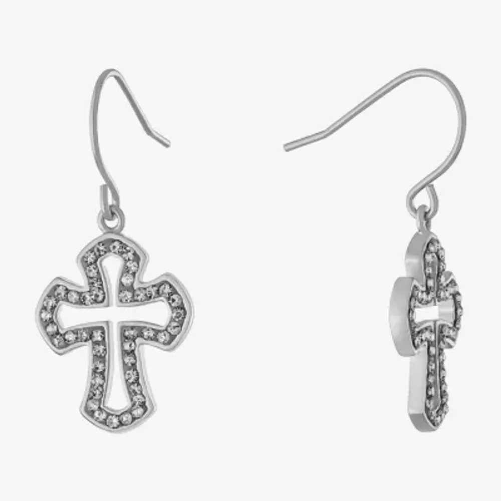 Silver Reflections Crystal Pure Silver Over Brass Cross Drop Earrings