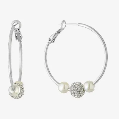 Silver Reflections Crystal Simulated Pearl Pure Silver Over Brass Hoop Earrings