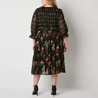 Danny & Nicole Womens 3/4 Sleeve Floral Midi Fit + Flare Dress Plus