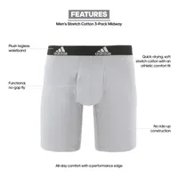 adidas Stretch Cotton Mens 3 Pack Long Leg Boxer Briefs