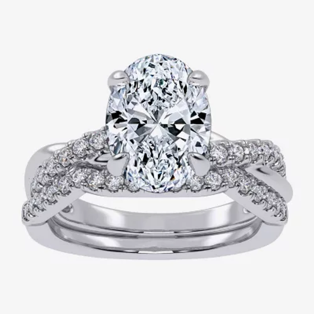 G-H / Si1-Si2) Womens 2 1/2 CT. T.W. Lab Grown White Diamond 14K Gold Oval Side Stone Engagement Ring