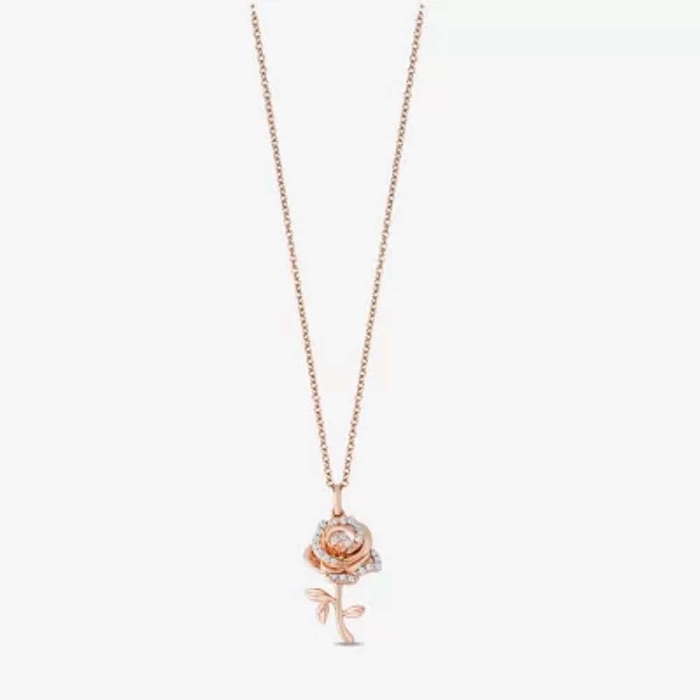Enchanted Disney Fine Jewelry Womens 1/10 CT. T.W. Natural White Diamond 14K Rose Gold Flower Pendant Necklaces