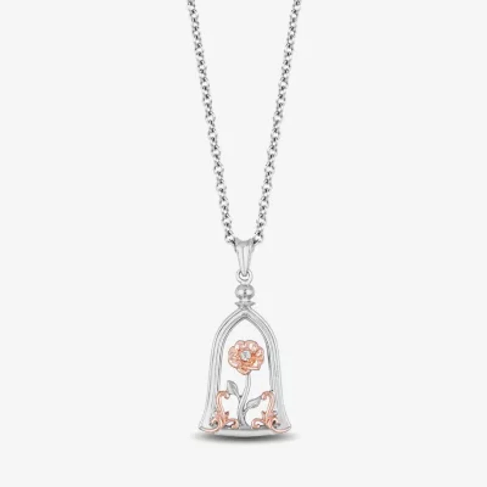 Enchanted Disney Fine Jewelry Womens Diamond Accent Natural White Diamond Accent 10K Rose Gold Over Silver Sterling Silver Flower Beauty and the Beast Belle Princess Pendant Necklace