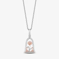 Enchanted Disney Fine Jewelry Womens Diamond Accent Natural White Diamond Accent 10K Rose Gold Over Silver Sterling Silver Flower Beauty and the Beast Belle Princess Pendant Necklace