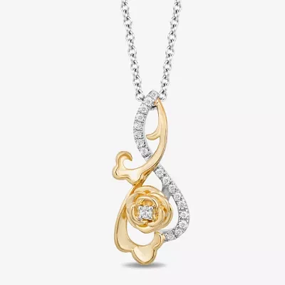 Enchanted Disney Fine Jewelry Womens 1/6 CT. T.W. Natural White Diamond 10K Gold Sterling Silver Flower Beauty and the Beast Belle Princess Pendant Necklace