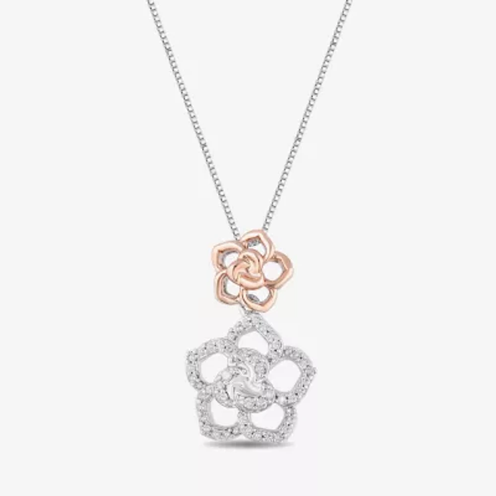 Enchanted Disney Fine Jewelry Womens 1/5 CT. Natural White Diamond 14K Rose Gold Over Silver Sterling Silver Flower Beauty and the Beast Belle Princess Pendant Necklace