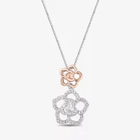 Enchanted Disney Fine Jewelry Womens 1/5 CT. Natural White Diamond 14K Rose Gold Over Silver Sterling Silver Flower Beauty and the Beast Belle Princess Pendant Necklace