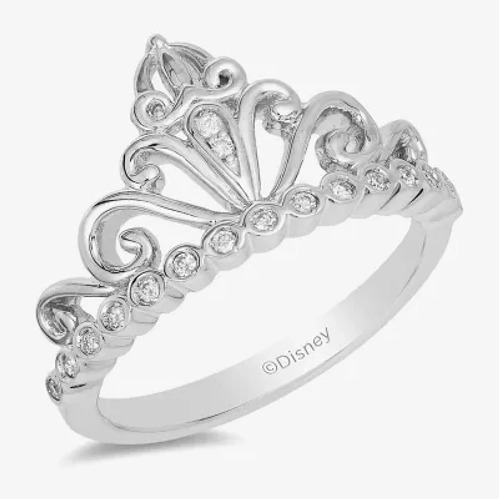 Enchanted Disney Fine Jewelry Womens 1/10 CT. T.W. Natural White Diamond Sterling Silver Cinderella Princess Cocktail Ring