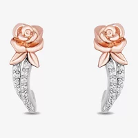Enchanted Disney Fine Jewelry 1/10 CT. T.W. Natural White Diamond 10K Rose Gold Sterling Silver 14.5mm Flower Beauty and the Beast Belle Princess Hoop Earrings
