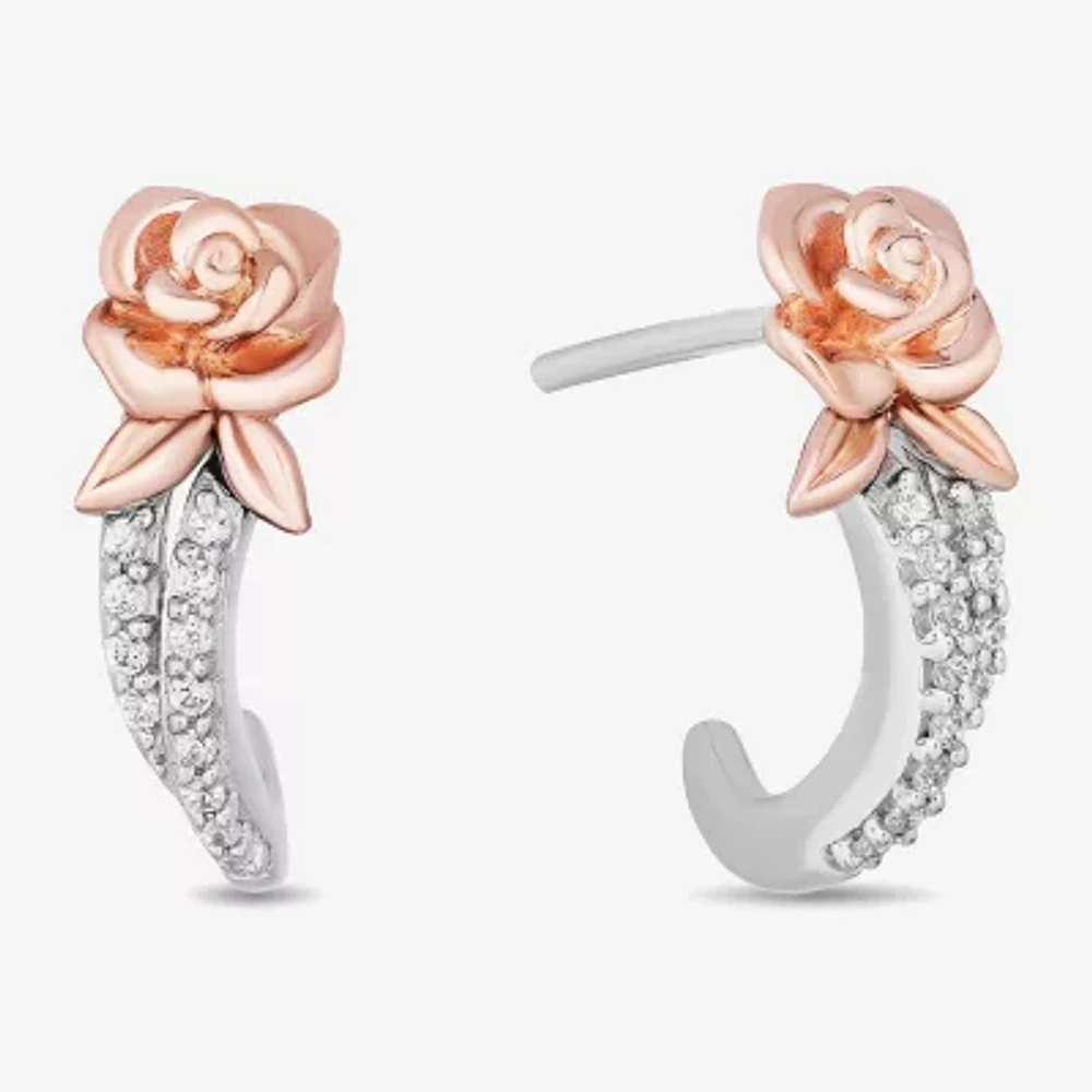 Enchanted Disney Fine Jewelry 1/10 CT. T.W. Natural White Diamond 10K Rose Gold Sterling Silver 14.5mm Flower Beauty and the Beast Belle Princess Hoop Earrings
