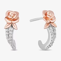 Enchanted Disney Fine Jewelry 1/10 CT. T.W. Natural White Diamond 10K Rose Gold Sterling Silver 14.5mm Flower Beauty and the Beast Belle Princess Hoop Earrings