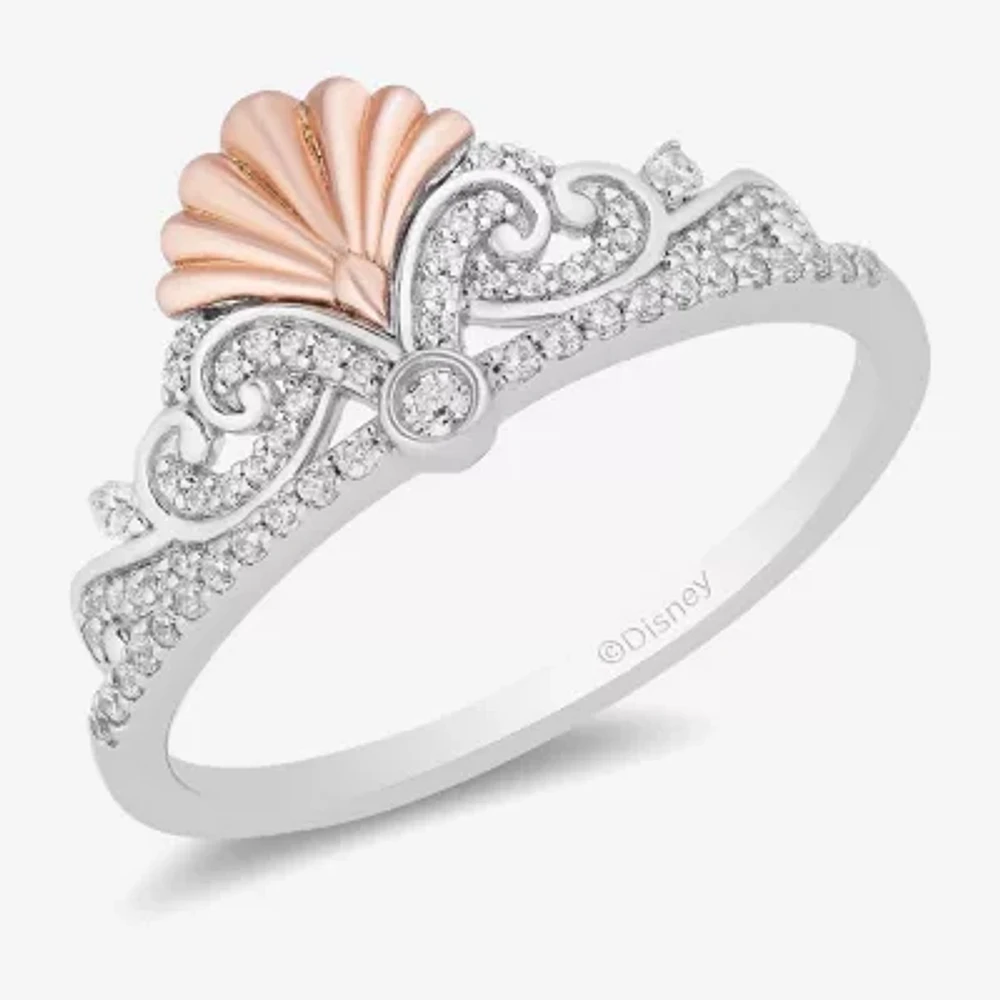 Enchanted Disney Fine Jewelry Womens 1/5 CT. Natural White Diamond 14K Rose Gold Sterling Silver Ariel Princess The Little Mermaid Cocktail Ring