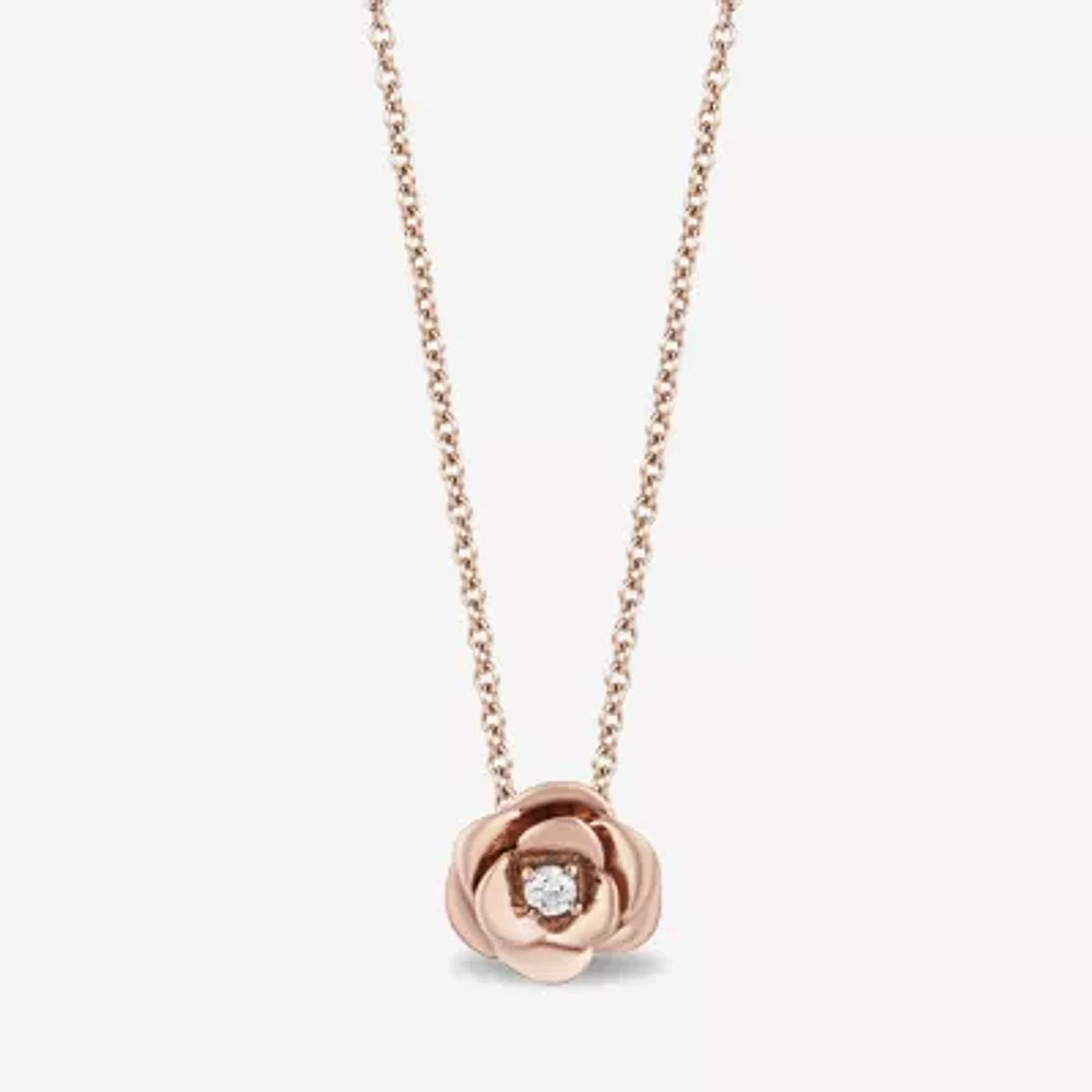 Enchanted Disney Fine Jewelry Womens Diamond Accent Natural White Diamond Accent 10K Rose Gold Over Silver Sterling Silver Flower 18 Inch Pendant Necklace