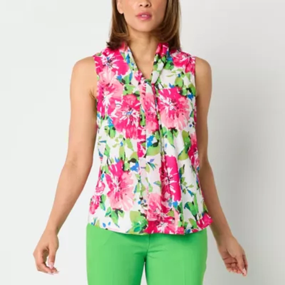 Black Label by Evan-Picone Womens Split Tie Neck Sleeveless Blouse