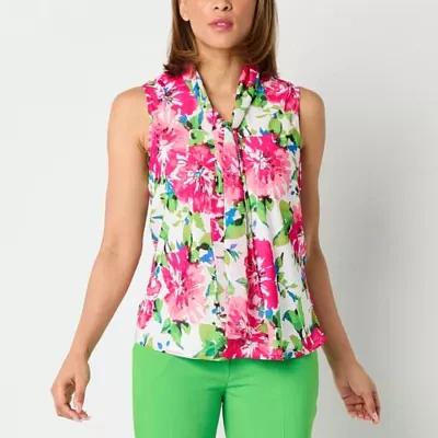 Black Label by Evan-Picone Womens Split Tie Neck Sleeveless Blouse