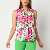 Black Label by Evan-Picone Womens Split Tie Neck Sleeveless Blouse