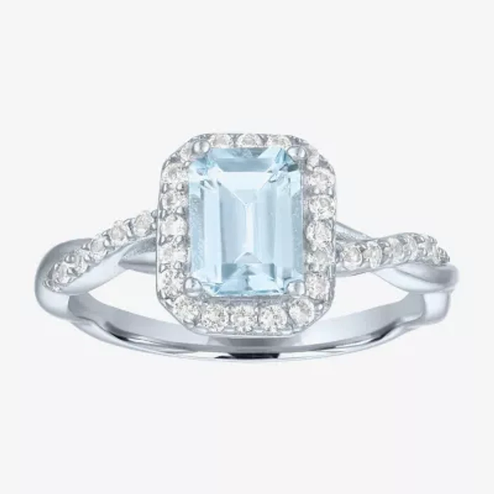 Womens Genuine Blue Aquamarine Sterling Silver Halo Side Stone Cocktail Ring