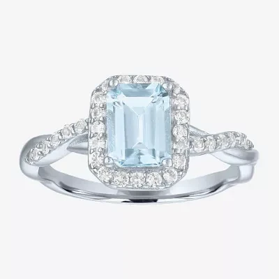 Womens Genuine Blue Aquamarine Sterling Silver Halo Side Stone Cocktail Ring