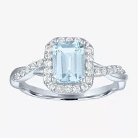 Womens Genuine Blue Aquamarine Sterling Silver Halo Side Stone Cocktail Ring