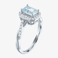 Womens Genuine Blue Aquamarine Sterling Silver Halo Side Stone Cocktail Ring