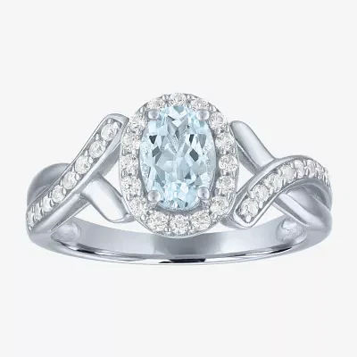 Womens Genuine Blue Aquamarine Sterling Silver Oval Halo Side Stone Cocktail Ring
