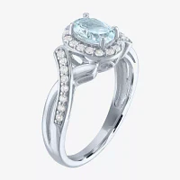 Womens Genuine Blue Aquamarine Sterling Silver Oval Halo Side Stone Cocktail Ring