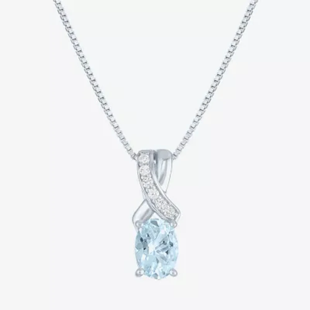 Womens Genuine Blue Aquamarine Sterling Silver Oval Pendant Necklaces