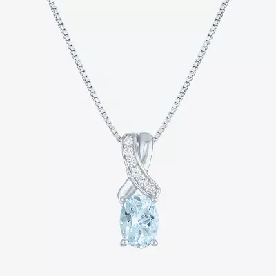 Womens Genuine Blue Aquamarine Sterling Silver Oval Pendant Necklace