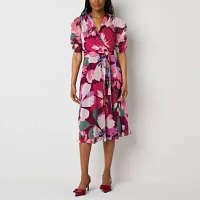 Liz Claiborne Womens Short Sleeve Floral Midi A-Line Dress