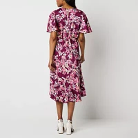 Liz Claiborne Womens Short Sleeve Floral Midi A-Line Dress