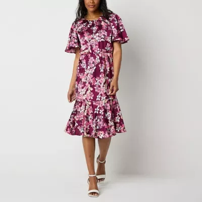 Liz Claiborne Womens Short Sleeve Floral Midi A-Line Dress