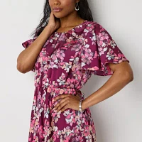 Liz Claiborne Womens Short Sleeve Floral Midi A-Line Dress