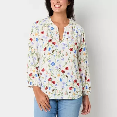 St. John's Bay Tall Womens Y Neck 3/4 Sleeve Blouse