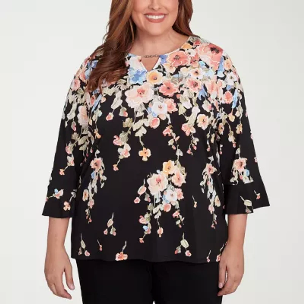 Alfred Dunner Classics Womens Plus Crew Neck 3/4 Sleeve T-Shirt