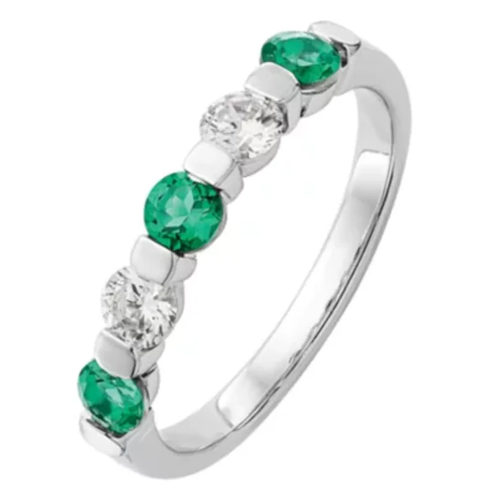 Modern Bride Gemstone 2.5MM 1/3 CT. T.W. Lab Created Green Emerald 14K White Gold Wedding Band